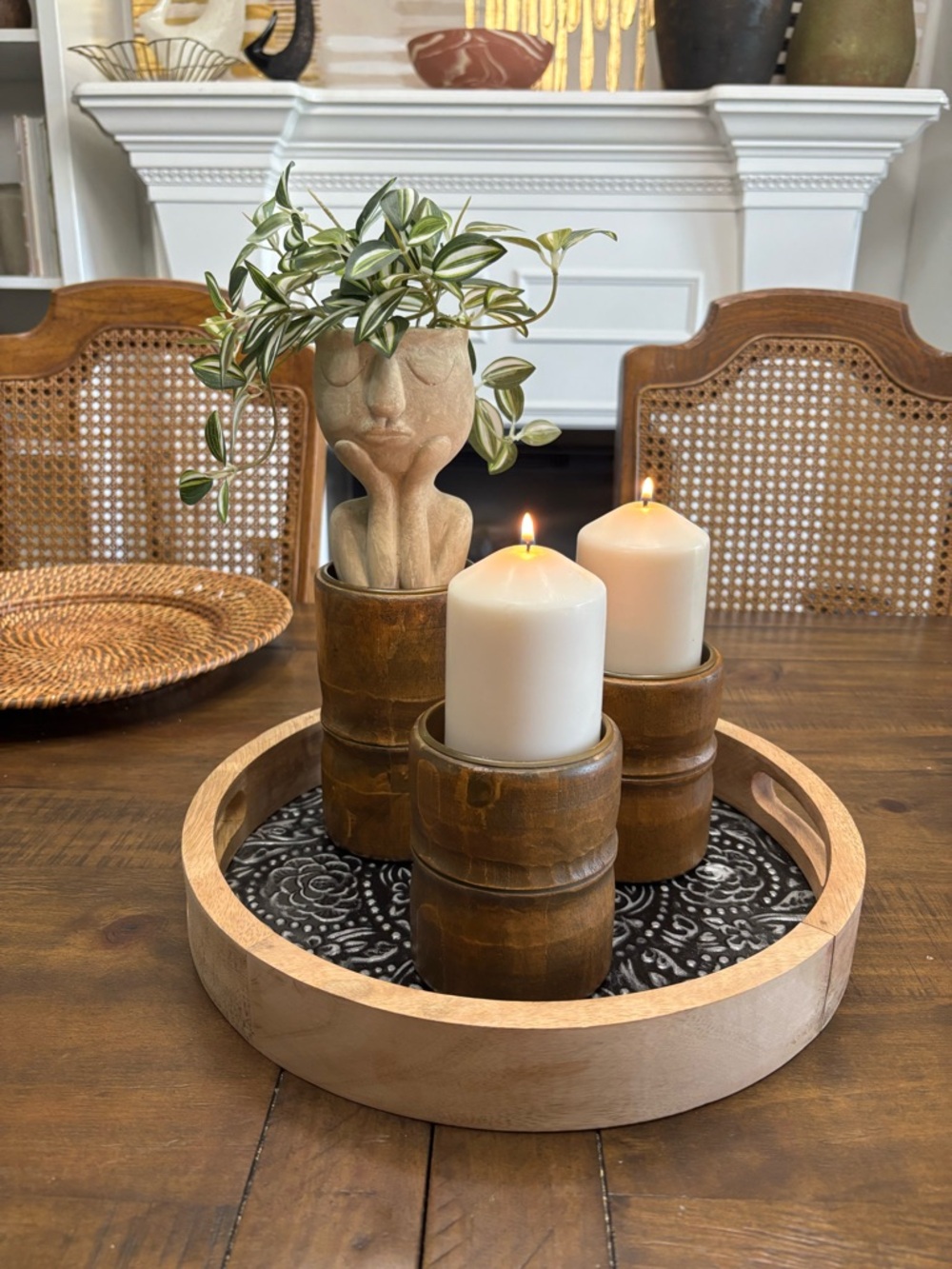 Three wood bamboo pillar candle holders